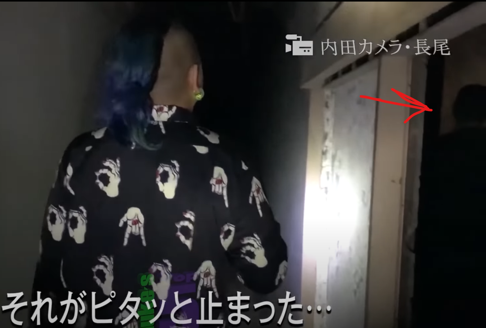 A black, shadowy figure is caught hiding behind the wall as the investigator walk down the hallway.