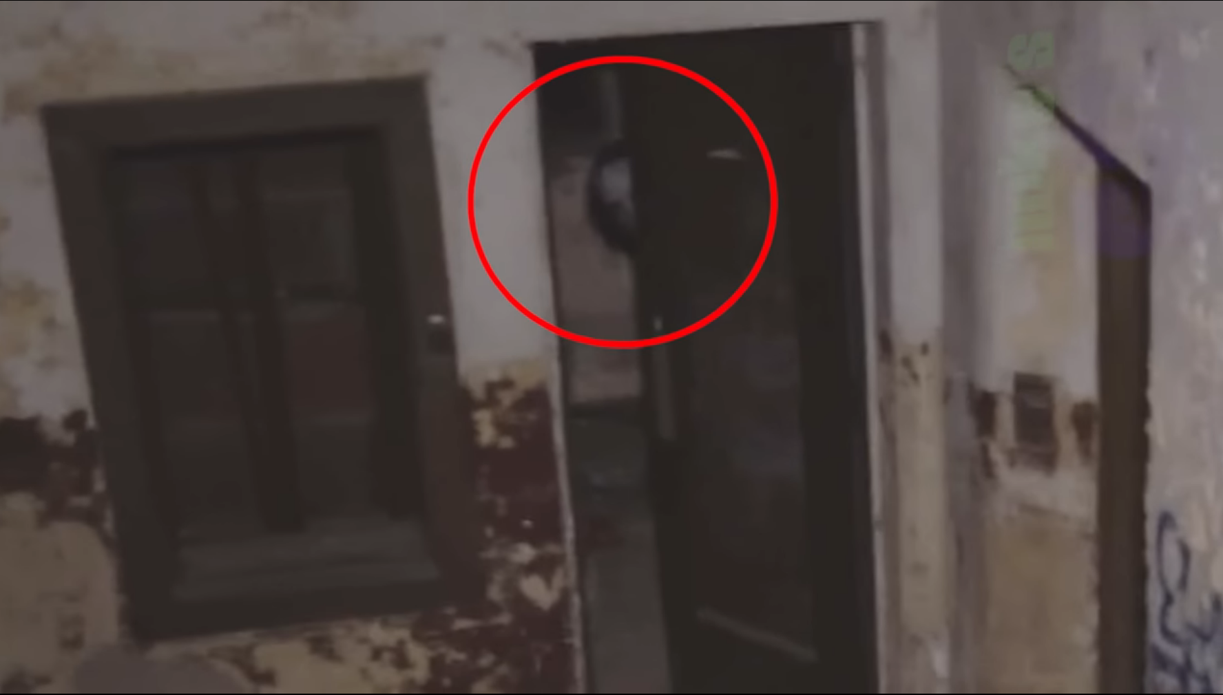 A creepy face of an apparition is captured peeking behind the door.