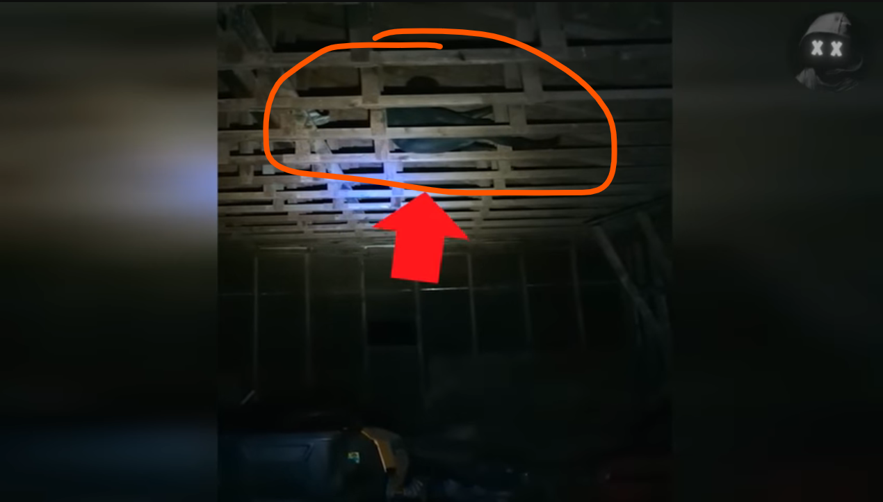 Shadowy figure hiding on the ceiling of the shelter.