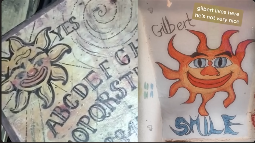 An Ouija board is found hidden in the floor, and has a matching image of the sun that resembles the painting on the wall.