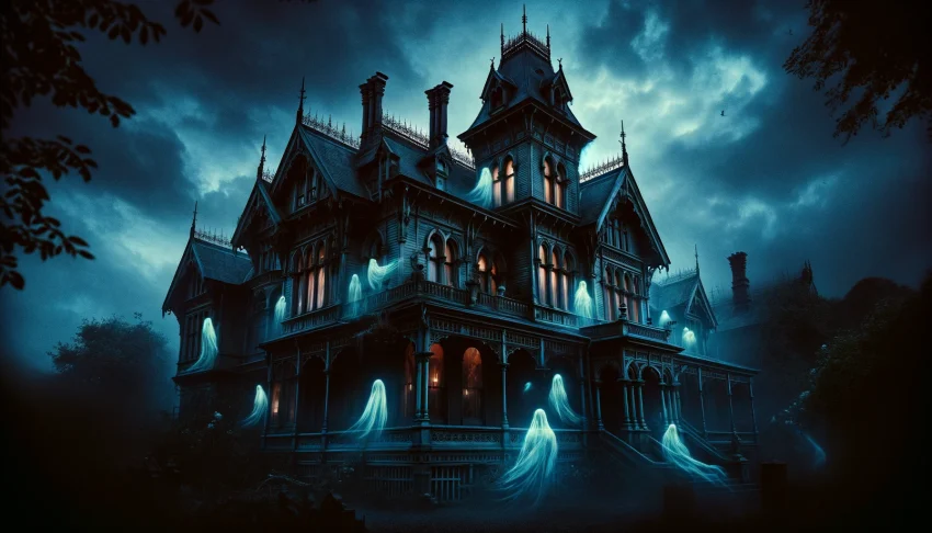 A wide image capturing a haunted house and the ethereal presence of lost souls trapped between worlds. The house is a large Victorian mansion at dusk, with a mysterious, blueish hue enveloping it. Ghost-like figures can be seen in the windows and around the house, their forms translucent and wavering. The architecture features intricate woodwork and towering spires. The atmosphere is filled with a deep, eerie fog that blends into the darkening sky, evoking a sense of tragic timelessness and spectral haunting.