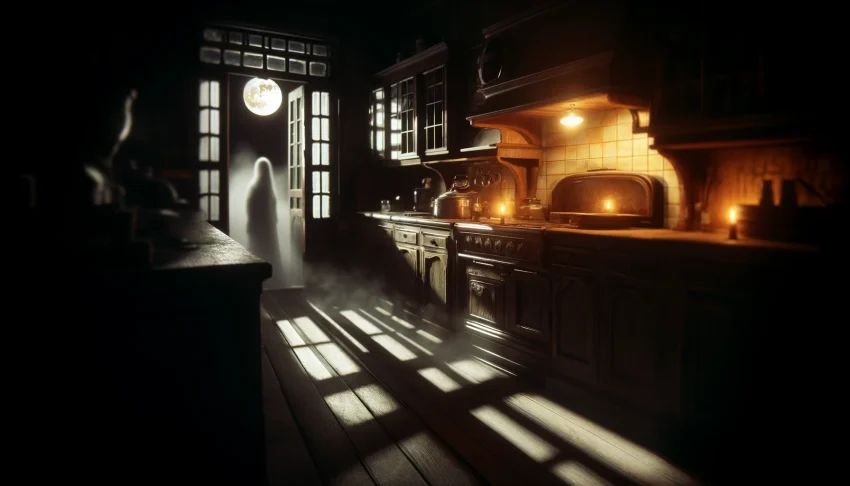 A mysterious, dimly lit kitchen at night, with an eerie ambiance. The scene includes an old-fashioned kitchen with wooden cabinets, a vintage stove, and a slightly open window through which moonlight streams, casting long shadows. A faint, ghostly figure can be seen in the background, adding a touch of the supernatural. The focus is on creating a spooky atmosphere with a hint of an unseen creepy voice, suggesting an unsettling presence. The image is designed in a wide aspect ratio.