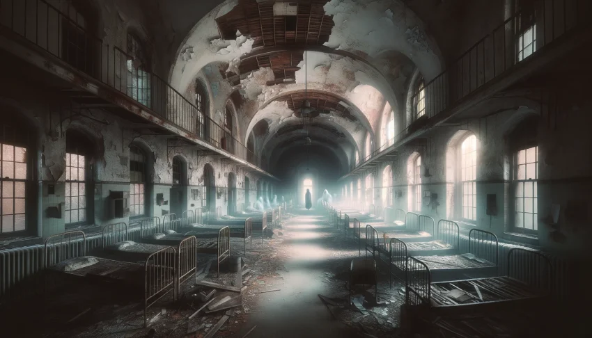 A haunting exploration of the abandoned Norwich State Hospital's Nurses Dormitory. The scene is set in a wide aspect ratio, showcasing a dilapidated, eerie interior of the dormitory with peeling paint, crumbling walls, and scattered debris. Faint echoes and ghostly figures can be subtly seen, suggesting paranormal activities. The atmosphere is heavy with a sense of history and mystery, with soft, unnatural light filtering through broken windows, casting spooky shadows across the scene. This image aims to capture the essence of a paranormal exploration.