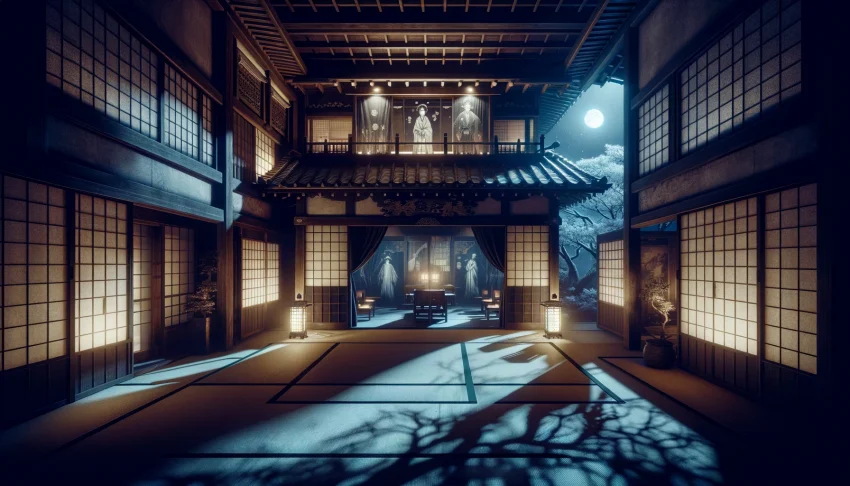 A chilling scene of a haunted Japanese mansion at night, depicted in a wide aspect ratio. The mansion features traditional Japanese architecture with sliding doors, paper walls, and wooden frames. The interior is dimly lit, with eerie shadows and an atmosphere of suspense. Ghostly apparitions, possibly of ancient samurai or other historical figures, are subtly present, enhancing the spooky ambiance. The setting includes moonlight filtering through delicate tree branches outside, casting intricate shadows inside. This image conveys a night alone, uncovering the mansion's eerie secrets.