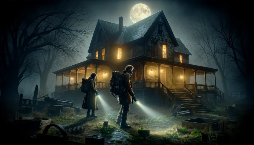 A wide aspect ratio image titled 'Chasing Shadows: A Night of Uncertainty at Old Timbers Farmhouse'. The scene is a mysterious and foggy night at an old farmhouse known as 'Old Timbers'. The architecture is rustic with weathered wood and dimly lit windows. A full moon casts eerie shadows across the neglected garden. Two figures, a man and a woman, both clad in heavy jackets and equipped with flashlights and a camera, are investigating, their expressions filled with cautious curiosity. The environment is filled with a tense and suspenseful air, enhancing the theme of uncertainty.
