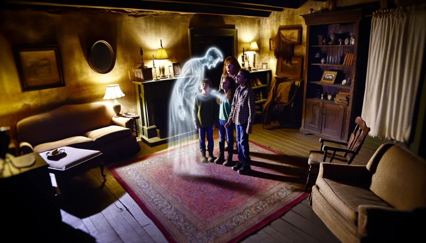 A wide aspect ratio image titled 'Family Nightmare: Confronting Demons in a Haunted Home'. The scene is set inside an old, dimly lit house with eerie, shadowy corners and antique furnishings. A family of four, visibly shaken, gathers in the living room. They are interacting with a ghostly, translucent figure that seems to be communicating with them. The atmosphere is tense and charged with fear. The house's old walls and creaky floorboards add to the spooky ambiance. This image captures a moment of confrontation between the family and the supernatural entity.