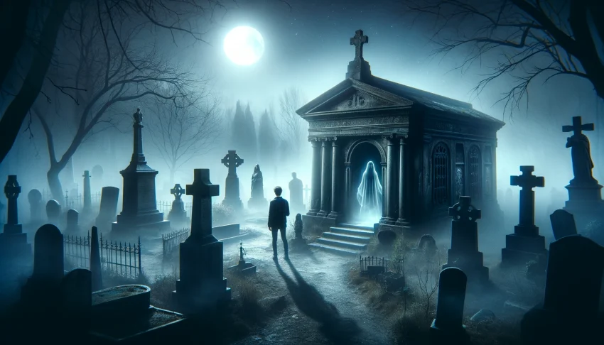 The transcript recounts an eerie encounter at a cemetery where the narrator, accompanied by his dog named Chocolate, experiences various paranormal phenomena. The narrator hears unexplained sounds, including a child's cry and encounters a creepy figure sitting in a chair. He also explores different parts of the cemetery, discussing past encounters and legends associated with the place, like a barber believed to have killed people and a woman known for performing witchcraft there.