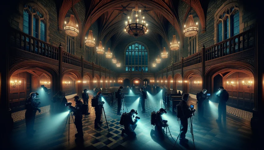 A wide aspect ratio image titled 'Exploring the Shadows: A 360° Paranormal Tour of Wilson Castle'. The scene depicts a group of paranormal investigators inside the grand, dimly lit hall of Wilson Castle at night. The castle's gothic architecture, complete with towering stone walls, arched windows, and antique chandeliers, adds to the eerie ambiance. The investigators, equipped with night vision cameras and EMF detectors, are scattered throughout the hall, intensely examining various shadowy corners. The image captures a moment of suspense and mystery, emphasizing the thrill of the paranormal exploration.