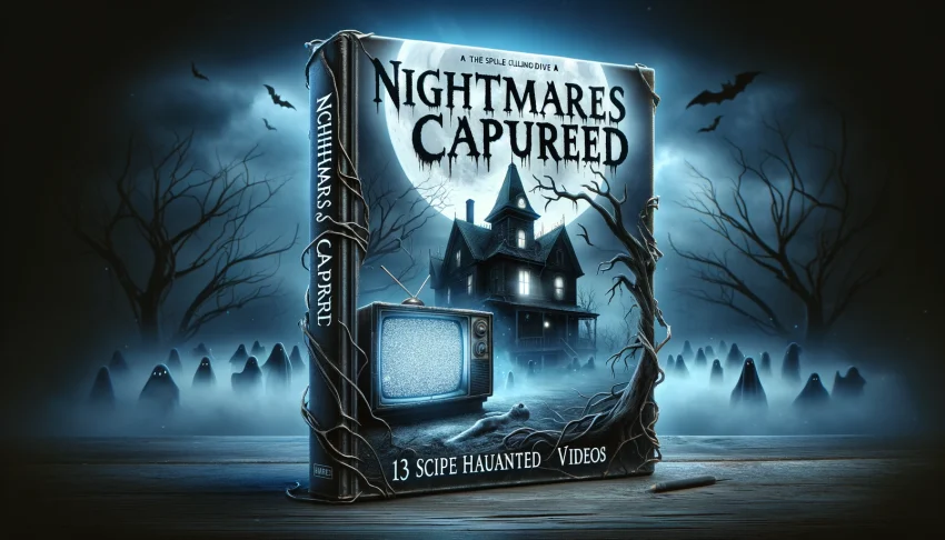 A chilling book cover for a horror anthology titled 'Nightmares Captured: A Spine-Chilling Dive into 13 Haunted Videos'. The cover features a dark, eerie atmosphere with a shadowy, haunted house in the background under a full moon. Ghostly figures appear in the windows, and a flickering old television set sits in the foreground, displaying static. The scene is shrouded in mist and bare, twisted trees frame the spooky house. The title is displayed in Gothic font at the top, with a wide aspect ratio suitable for a book cover.