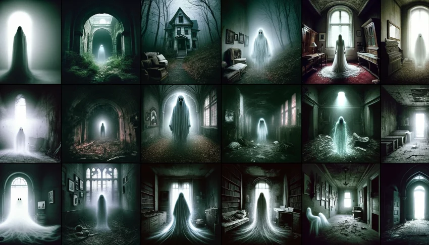 Here are the images of 8 bone-chilling ghost encounters caught on camera. Each encounter is displayed in a separate frame, showcasing various eerie and haunting settings. The overall atmosphere is dark and spooky, capturing a sense of mystery and fear.