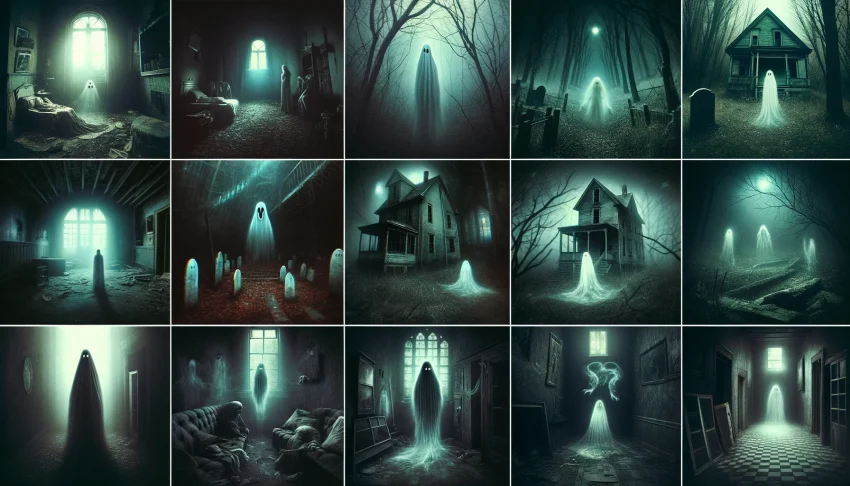 Here are the images of 8 bone-chilling ghost encounters caught on camera. Each encounter is displayed in a separate frame, showcasing various eerie and haunting settings. The overall atmosphere is dark and spooky, capturing a sense of mystery and fear.
