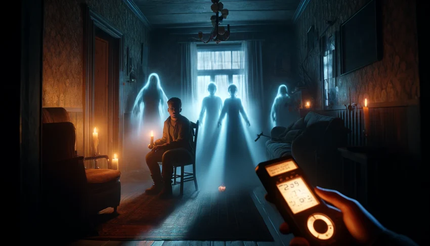images of the paranormal investigation inside a haunted family home. The eerie atmosphere and ghostly apparitions should capture the haunting encounter you described.