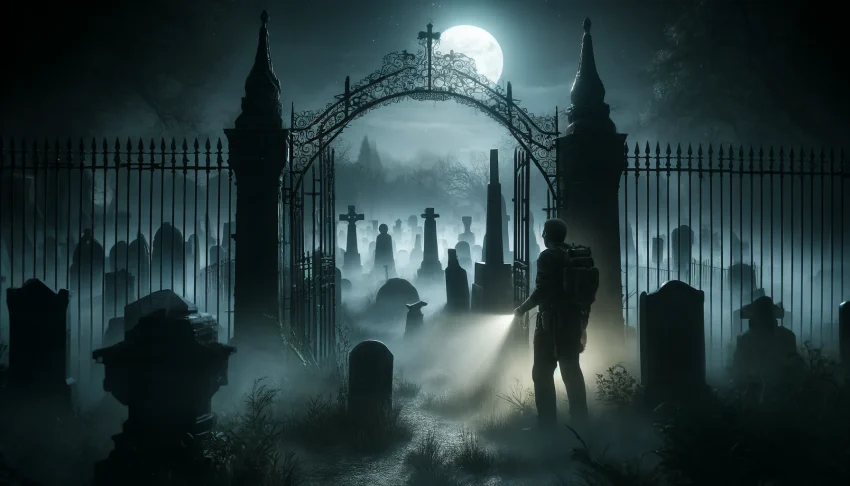 A scene of a solo paranormal investigation at Rose Lawn Cemetery at night. The setting is dark and foggy, with an old, wrought-iron gate partially ope