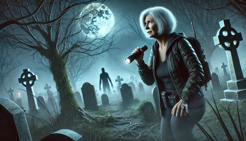 A wide-aspect image featuring a 60-year-old white woman paranormal investigator in a cemetery titled 'Searching For The Shadow Figure We Captured!' The scene is set at night in an old, overgrown cemetery with leaning, weathered tombstones and twisted, bare trees. The investigator, with gray hair and wearing a dark jacket, is equipped with a flashlight and ghost-hunting equipment, cautiously exploring the area. In the background, a faint shadowy figure can be seen lurking among the tombstones. The atmosphere is dark and foggy, with a full moon casting an ominous glow, enhancing the spooky ambiance.